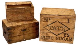 THREE VINTAGE BOXES, 'Tate Cube Sugar', 45 x 52 x 37cms, banded trunk, 29 x 51 x 33cms and 'John