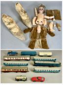 ASSORTED TOY COLLECTABLES, including Simon & Halbig bisque headed doll, antique ladies' silk