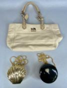 THREE DESIGNER HANDBAGS, Coach cream leather bag, twin handles with metal chains, 29cms; Oroton gilt