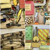 TIN PLATE TRAIN SET WITH LOCOMOTIVE CARRIAGES & WAGONS, Tri-ang Minic Toys tin plate car, child's