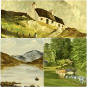 THREE LOCAL PAINTINGS: oil on board - garden in bloom, described verso 'Presented to Aberconwy