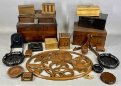 COLLECTION OF TREEN & BOXES, including a vintage photo album, cover carved with Celtic motifs, 30
