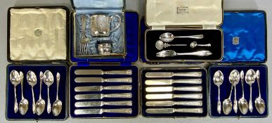 SILVER WHITE METAL GROUP, two cased sets of six silver-handled dessert knives, Chinese white metal