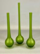 CARLO MORETTI FOR MURANO: THREE SATINATO VASES in green, on opaque spreading circular bases, 45.5cms