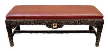 ANTIQUE OAK LONG STOOL, heavily carved frame painted to the centre with oak tree crest, later