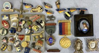 COLLECTION OF VINTAGE ENAMEL BADGES & MEDALS, including aerospace and advertising, with a silver
