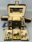 ASSORTED COSTUME JEWELLERY, including bead necklaces, earrings, etc., contained in a black vanity