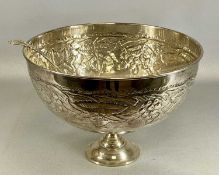 LARGE CIRCULAR SILVER-PLATED PUNCH BOWL, embossed with grapes and vine leaf, 39.5cms (diam.), with a