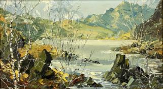 ‡ CHARLES WYATT WARREN (1908-1993) oil on board - mountainous lake scene, signed lower left, 19 x