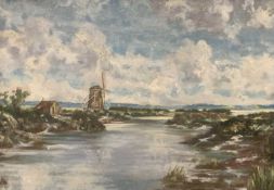 MOSS WILLIAMS (Welsh 1894-1975) oil on board - windmill at shoreline, unsigned, 23 x 33cms