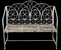 VINTAGE PAINTED METAL GARDEN BENCH with a patterned and shaped ornamental back, 98 (h) x 120 (w) x