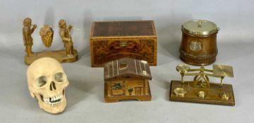 ASSORTED COLLECTABLES, including postal scales with weights, carved figure group, Swiss chalet money