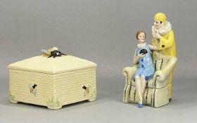 GERMAN PORCELAIN POWDER BOX, Pierrot and seated lady, 19cms (h), and a Crown Devon bee honey pot and
