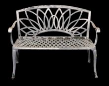 PAINTED METAL GARDEN BENCH, patterned back and lattice patterned seat, 115 (h) x 123 (w) x 45cms (d)