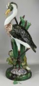 MAJOLICA HERON FORM FLOWER / STICK STAND, possibly by Joseph Holdcroft, late 19th century, 84cms (h)