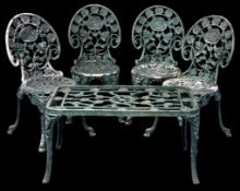 SET OF FOUR HEAVY CAST IRON GARDEN CHAIRS,RECTANGULAR OCCASIONAL TABLE,48 (h) x 92 (w) x 50cms (d)