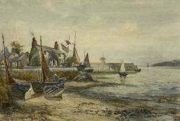 JOSEPH HUGHES CLAYTON (1870-1929) watercolour - Cemaes Bay scene with fishing boats, figures, and