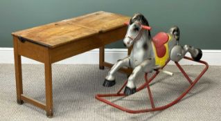 VINTAGE TWIN SCHOOL DESK, 57 (h) x 101 (w) x 36cms (d), and a vintage metal rocking horse, 77 (h)