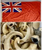 COLLECTION OF RAM HORNS & VINTAGE RED ENSIGN FLAG Provenance: private collection Ynys Môn