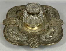 INTERESTING DESK STAND, having wildlife scene relief and accompanying inkwell, 32 x 32cms