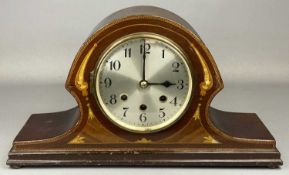 GERMAN MAHOGANY CASED 'NAPOLEON'S HAT' MANTEL CLOCK, inlaid case, silvered dial, 8-day chiming