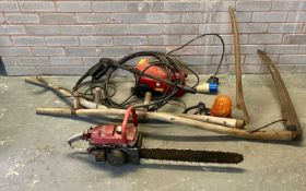 ASSORTED TOOLS, including chainsaw, two scythes, small power washer, etc. Provenance: private