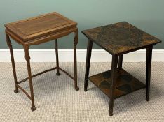 TWO VINTAGE SIDE TABLES, including a square top marquetry table with base shelf, 63 (h) x 47 (w) x