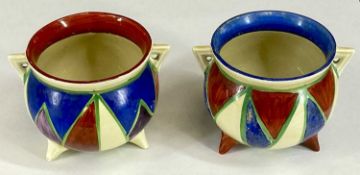 CLARICE CLIFF BIZARRE NEWPORT POTTERY pair of small cauldrons with geometric decoration, black