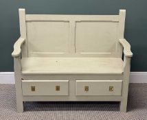 PAINTED PINE SETTLE with two base drawers, 99 (h) x 117 (w) x 50cms (d) Provenance: private