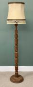 EASTERN STYLE CARVED TEAK STANDARD LAMP & SHADE, circular base, 102 (h) x base 38cms (diam.)