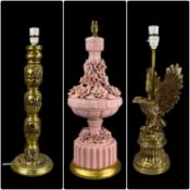 LARGE ORNATE PINK CERAMIC FLORAL ENCRUSTED TABLE LAMP, 58cms (h) excluding fitting; gilded metal