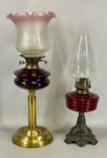 TWO 19TH CENTURY OIL LAMPS, first having brass column, black ceramic reservoir, twin burners, and
