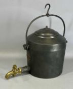 CAST IRON 3 ½ GALLON KETTLE with brass tap and swing handle with suspension hook, T. Sheldon &