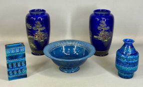 PAIR OF COBALT BLUE LUSTRE ORIENTAL DECORATED VASES, 25cms (h); together with two items of Italian