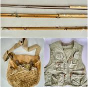 VINTAGE FISHING TACKLE, including three fly rods with bags, jacket, and fishing bag with net