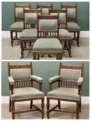 SET OF EIGHT LATE 19TH CENTURY OAK DINING CHAIRS, floral scroll carved top rails, over upholstered