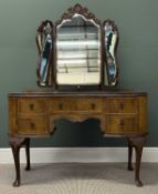 WALNUT VENEERED KIDNEY SHAPED DRESSING TABLE, with triple swing mirror back, carved cabriole frontal