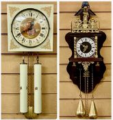 REPRODUCTION 'ATLAS' WALL CLOCK with twin brass pear-shaped weights; and another wall clock with