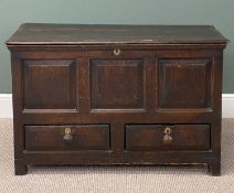 ANTIQUE JOINED OAK COFFER, cross banded hinged top over triple panel front and two drawers, turned