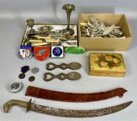 QUANTITY OF EPNS CUTLERY, vehicle badges, wooden boxes, love spoons, Indian dagger, etc. Provenance:
