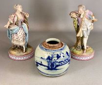 PAIR OF CONTINENTAL BISQUE PORCELAIN FIGURINES, lady and gentleman in classical dress, 29cms (h);