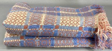 TRADITIONAL WELSH TREGWYNT WOOLLEN BLANKET, in blues and terracotta, with tasselled ends, 204 x