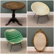 ANTIQUE OAK BIRD CAGE CIRCULAR TILT-TOP TABLE, 46 (h) x 70cms (diam.), two mid-century wicker type