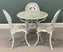 METAL GARDEN FURNITURE, comprising a painted white circular table, 66 (h) x 72cms (diam.), and a