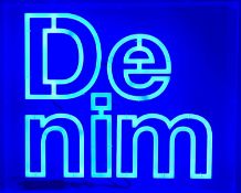 THREE-DIMENSIONAL ILLUMINATED SHOP SIGN 'DENIM', contained in perspex case, 81 (h) x 96 (w) x