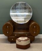 ART DECO WALNUT VENEERED DRESSING TABLE with bow front centre, oval shaped sides, circular mirror