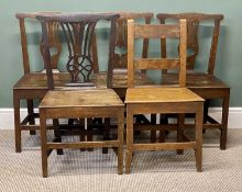 FIVE 19TH CENTURY OAK COUNTRY MADE CHAIRS, three having vase shaped splat backs pierced with hearts,