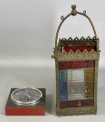 STAINED GLASS & YELLOW METAL HANGING CEILING LANTERN SHADE, and a Welsh slate mantel barometer (2)