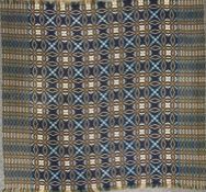 TRADITIONAL WELSH WOOLLEN BLANKET, fringed and double sided, blue ground with geometric pattern, 224