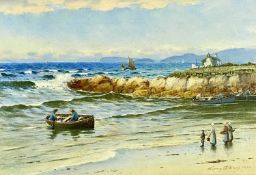 WARREN WILLIAMS, ARCA (1863-1941) watercolour - Anglesey coastal scene with fishing boats and